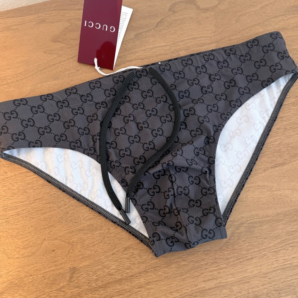Gucci Mens GG Monogram Swim Briefs Black Grey Lycra Swim Slip 828692 XL